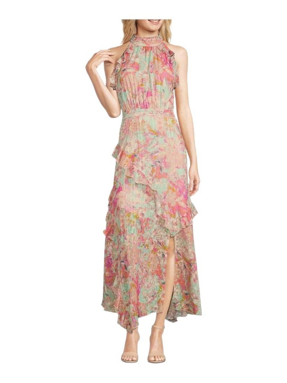 Alex Marie Pink Multi Floral High-Low Halter Maxi Dress